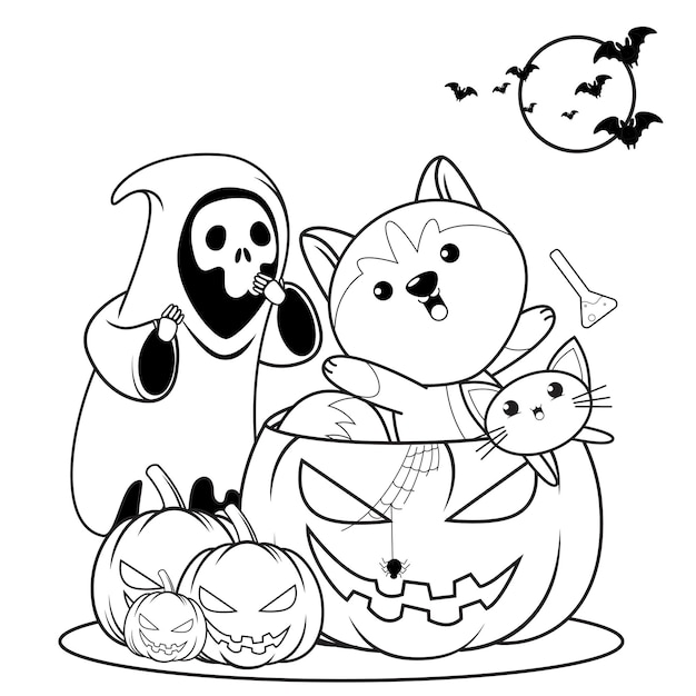 かわいいハスキー14のハロウィーンの塗り絵