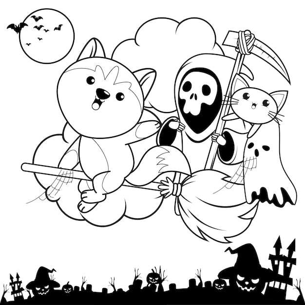 かわいいハスキー15のハロウィーンの塗り絵