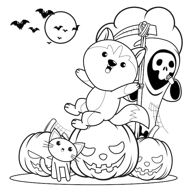 かわいいハスキー18のハロウィーンの塗り絵