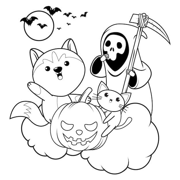 かわいいハスキー23のハロウィーンの塗り絵