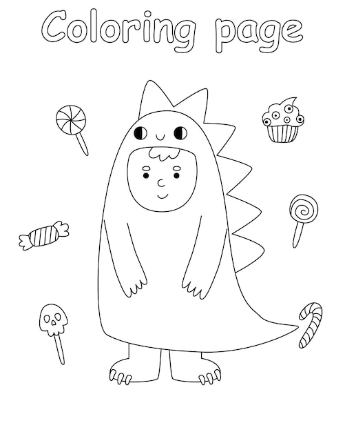 Halloween coloring page for kids cute children in costume dinosaur and sweets lollipops cupcakes printable worksheet with solution for school and preschool