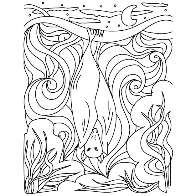 Halloween coloring page sleeping bat on a tree branch in the forest