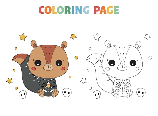 halloween coloring page with cute squirrel in skeleton costume