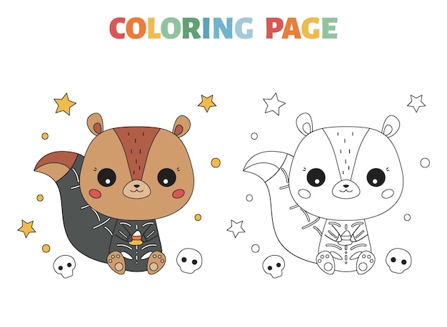 Halloween coloring page with cute squirrel in skeleton costume