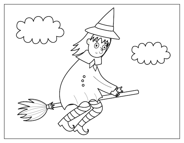 빗자루를 타고 날아가는 귀여운 마녀가 있는 할로윈 색칠 페이지. 만화 스타일의 으스스한 인쇄