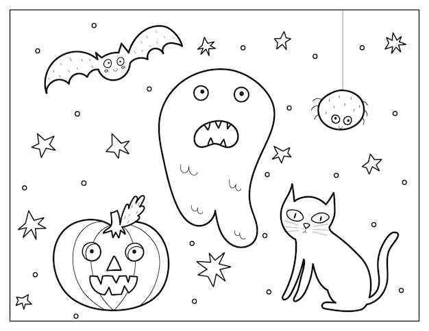 ハロウィーンの幽霊、猫、カボチャのページを着色します。着色のための漫画のスタイルで不気味なプリント