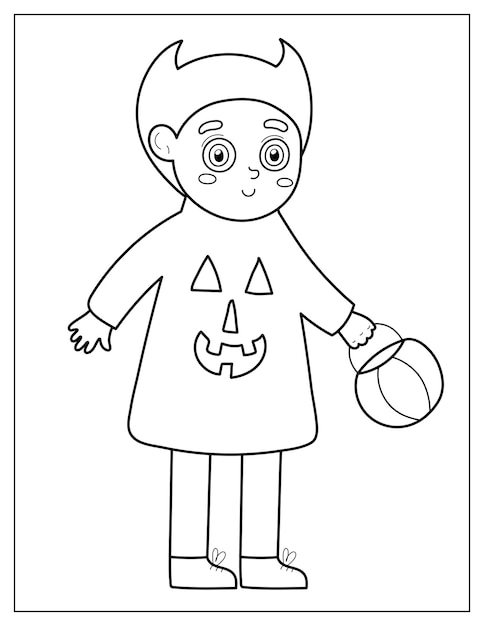 Halloween coloring page with a kid in a devil costume. Trick or treat boy print in cartoon style