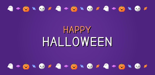 Gradazione viola commemorativa di halloween e design di banner con cornice per oggetti di halloween.