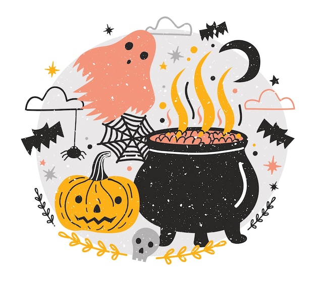 Composizione di halloween con vaso da strega pieno di pozione, zucca jack-o'-lantern, fantasma contro il cielo notturno, ragni e pipistrelli volanti sullo sfondo. illustrazione vettoriale di vacanza in stile cartone animato piatto.