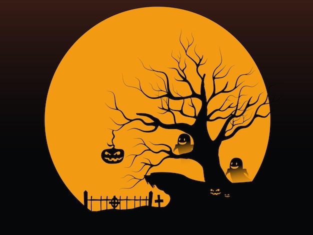 Фон концепции хэллоуина с горящим деревом и жутким призраком тыквы