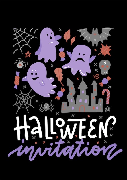 Banner di invito di concetto di halloween con icone di fantasmi e pipistrelli