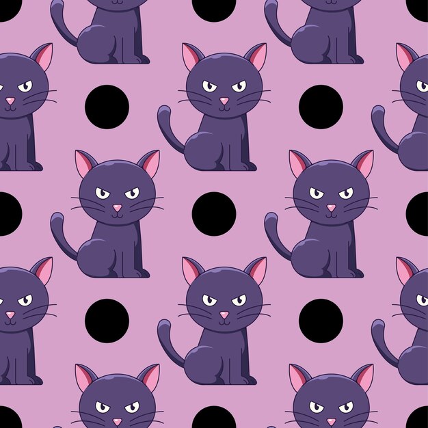 Halloween concept Vector seamless pattern of detailed spooky cat on pink background