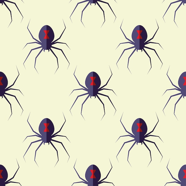 Halloween concept. Vector seamless pattern of spider on light yellow background