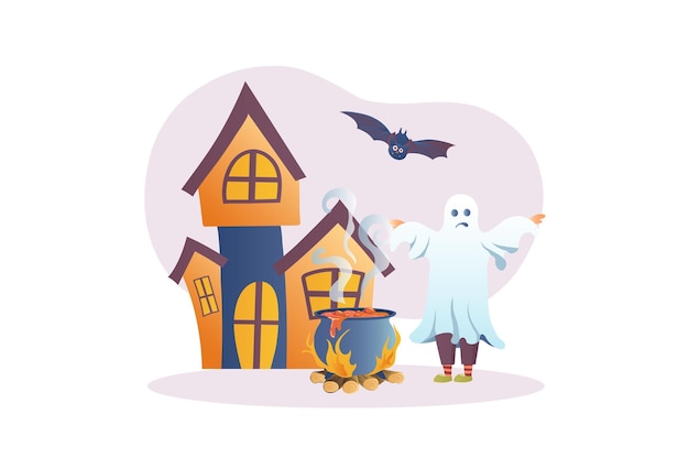 Halloween concept with people scene in the flat cartoon design Guy in a themed costume