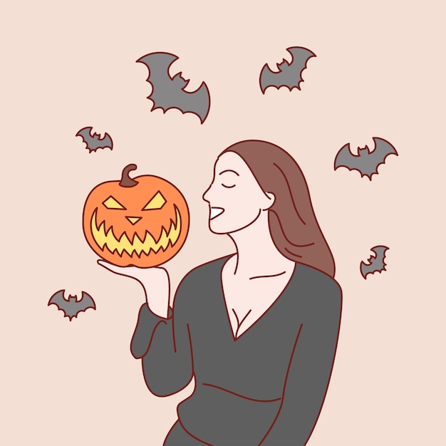 Concetto di halloween. giovane donna vestita alla moda di halloween. illustrazioni vettoriali in stile disegnato a mano.