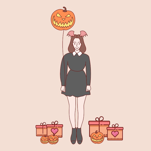 Vettore concetto di halloween. giovane donna vestita alla moda di halloween. illustrazioni vettoriali in stile disegnato a mano.