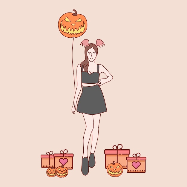 Concetto di halloween. giovane donna vestita alla moda di halloween. illustrazioni vettoriali in stile disegnato a mano.