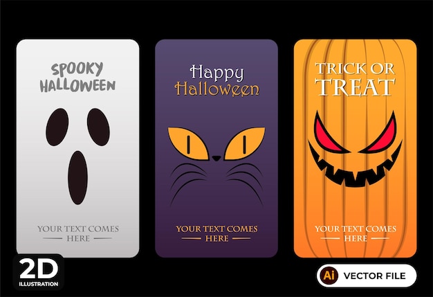 Vector halloween cool scary cards printable editable vector illustration black cat pumpkin ghost 9 ratio 16