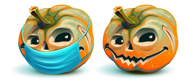 Halloween e il coronavirus. lanterna di zucca in maschera medica protettiva