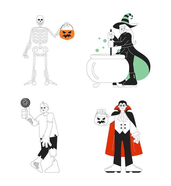 Halloween costume ideas monochrome concept vector spot illustration set monsters on party 2d flat bw cartoon characters for web ui design trick treat isolated editable hand drawn hero image pack