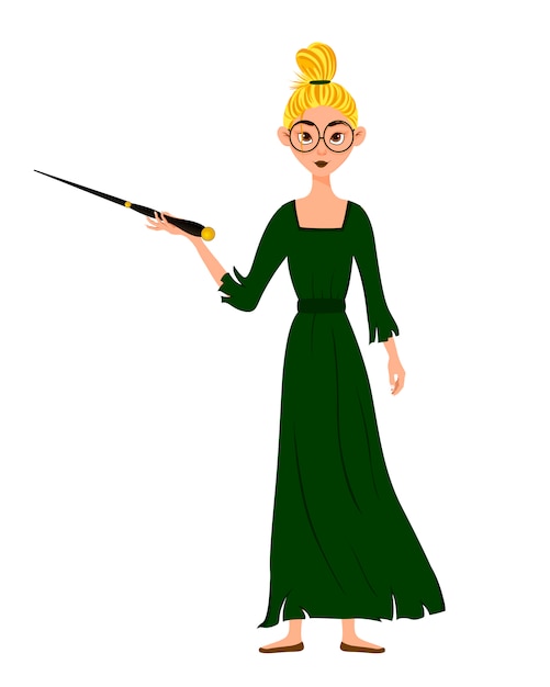 女性キャラクターのハロウィンコスチューム。彼女の手で魔法の杖を持つ少女。ベクトルイラスト