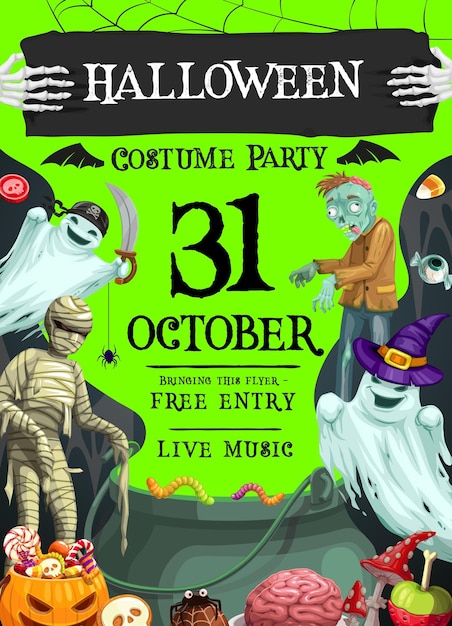 Вектор Флаер костюмированной вечеринки на хэллоуин для жуткого ночного празднования, наполненного жуткими удовольствиями, омерзительными играми и захватывающим весельем. векторный пригласительный баннер с пиратом-призраком и мумией-зомби-волшебником