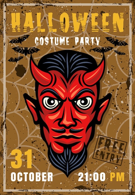 Halloween costume party invitation poster with horned red devil head vector illustration in vintage style. layered, separate grunge textures and text