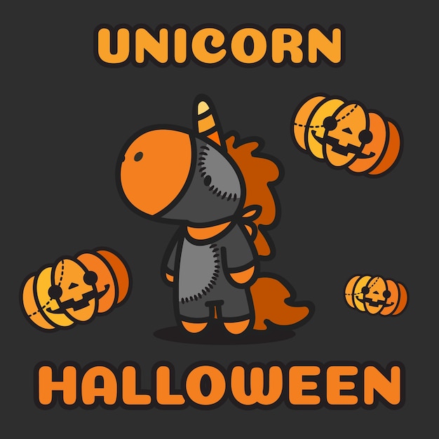 Halloween costume unicorno e zucche che volano intorno.