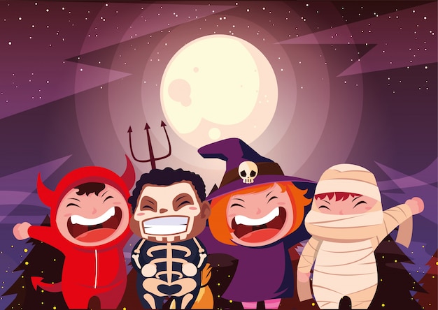 Vector halloween costumed children