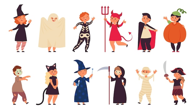 halloween costumes kid costume group children kids celebration party zombie child pirate little girl and funny smile skeleton decent vector set