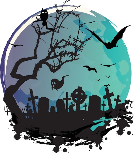 Halloween creepy design with guest and bats in cemetery