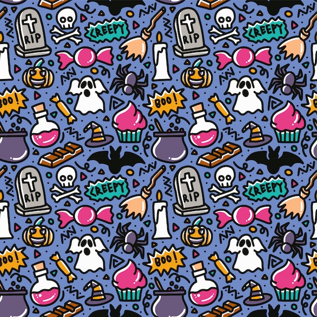 Halloween creepy doodle element seamless pattern