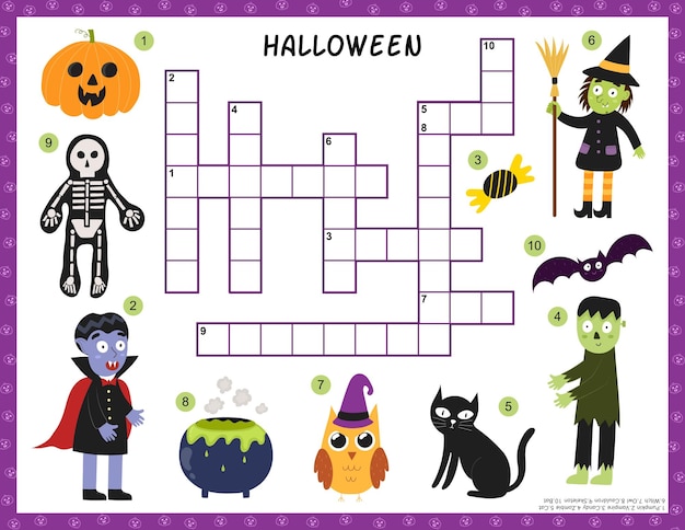 Halloween crossword with cute characters. Puzzle game for kids with witch, pumpkin, vampire, zombie