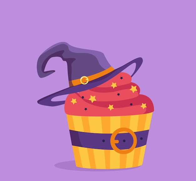 Halloween cupcake concept Cake with witch hat Dessert for holiday of fear Red pastry and bakery Template and layout Cartoon flat vector illustration isolated on violet background