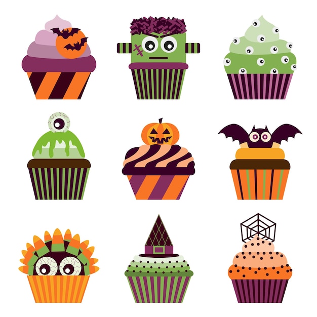 Vector halloween cupcakes scary sweets set