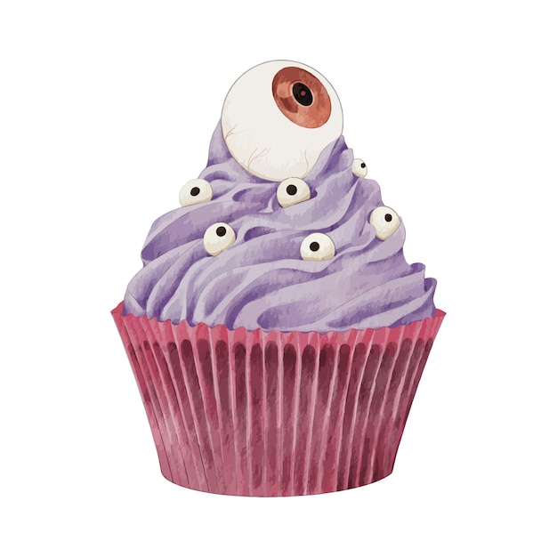 Halloween cupcakes topped with blueberry cream decorated with eye candy and eye marmello.