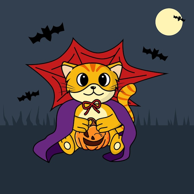 Halloween Cute Cat Holding A Pumpkin