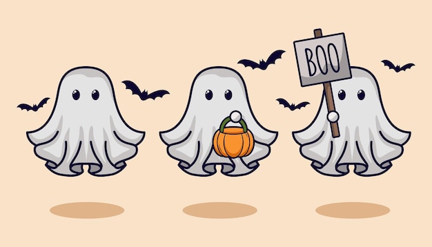 Vector halloween cute ghost character set collections