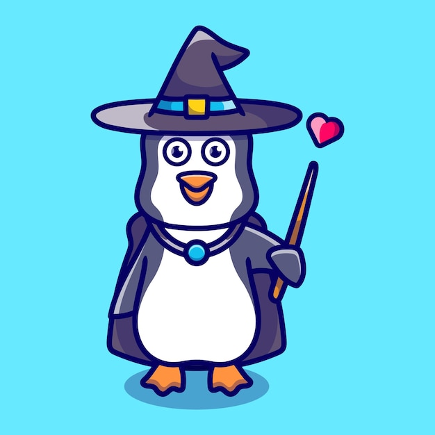 Halloween cute penguin wizard with hat cloak love and wand