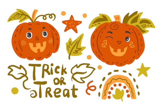 Halloween cute pumpkins with decorative elements set vector