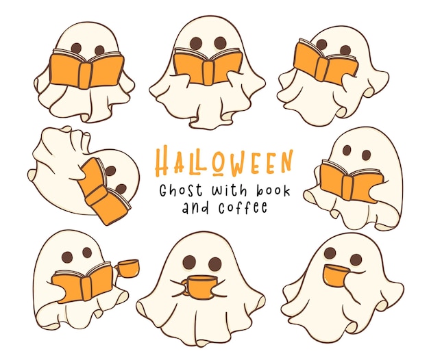 Halloween Cute Spooky Ghost met boek en koffie Cartoon overzicht Doodle tekening Set