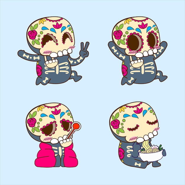 Halloween cute sugar skull sticker set dia de muertos vector illustration