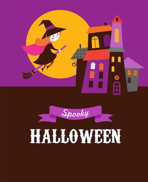 Halloween cute vector greeting card with witch and haunted house, castle