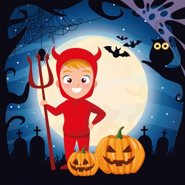 Vector halloween dark illustration with boy disguise of devil