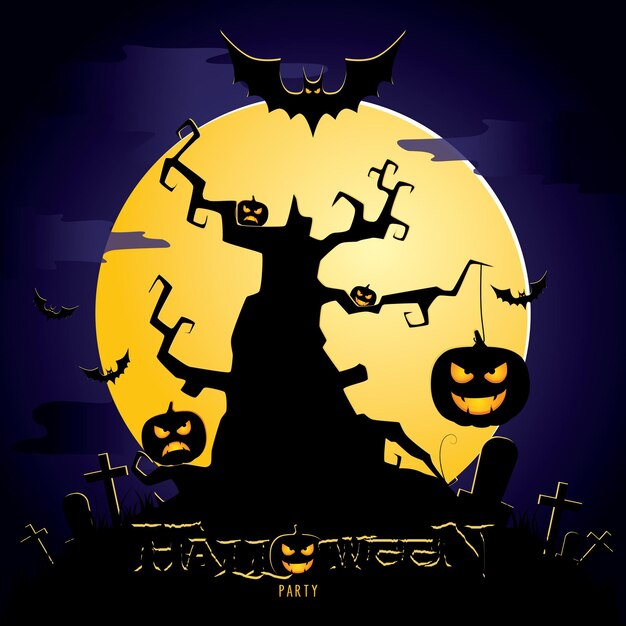 Vector halloween dark illustration with scary tree and evil pumpkins graveyard backgroun