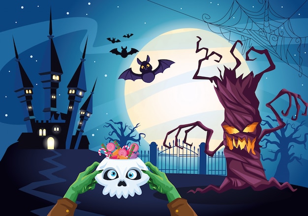 Halloween dark illustration with skull and candies