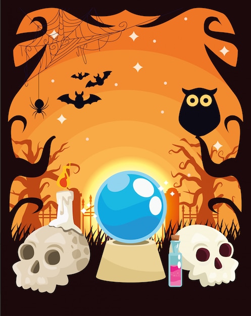 Illustrazione scura di halloween con accessori strega