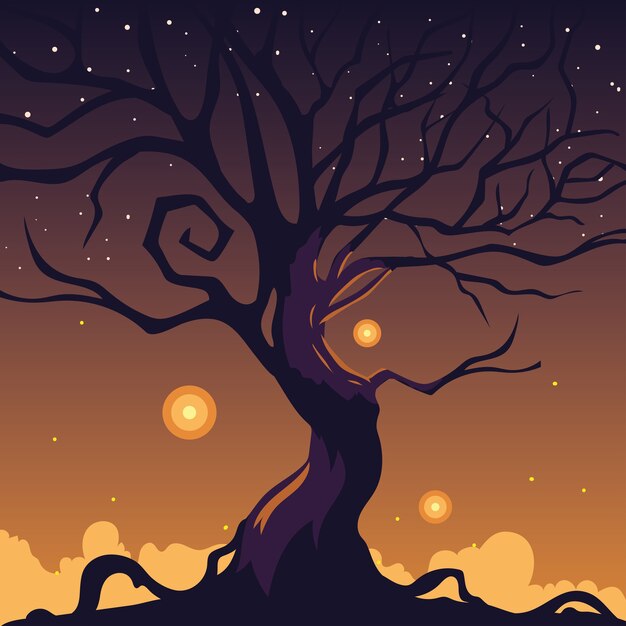 Sfondo notte oscura di halloween con albero spaventoso