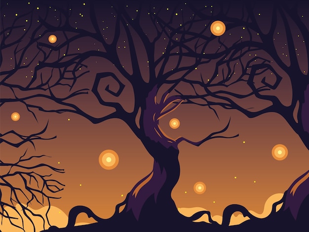 Sfondo notte oscura di halloween con albero spaventoso