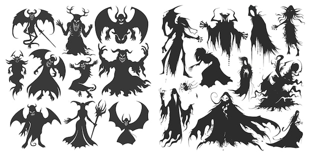 Halloween dark night devil nightmare demon or ghost evil appear magic wizard ugly silhouettes